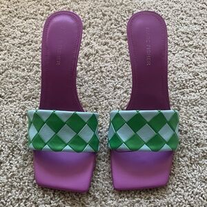 Marc Fisher Purple and Green Checkered Sandals